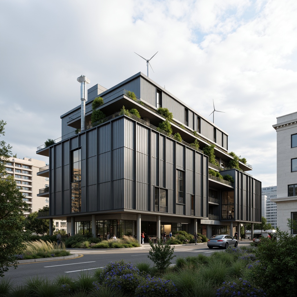 Prompt: Eco-friendly constructivist building, recycled metal fa\u00e7ade, green roofs, solar panels, wind turbines, water conservation systems, angular lines, geometric shapes, industrial materials, minimalist design, urban landscape, cloudy sky, soft natural lighting, shallow depth of field, 1/1 composition, realistic textures, ambient occlusion.