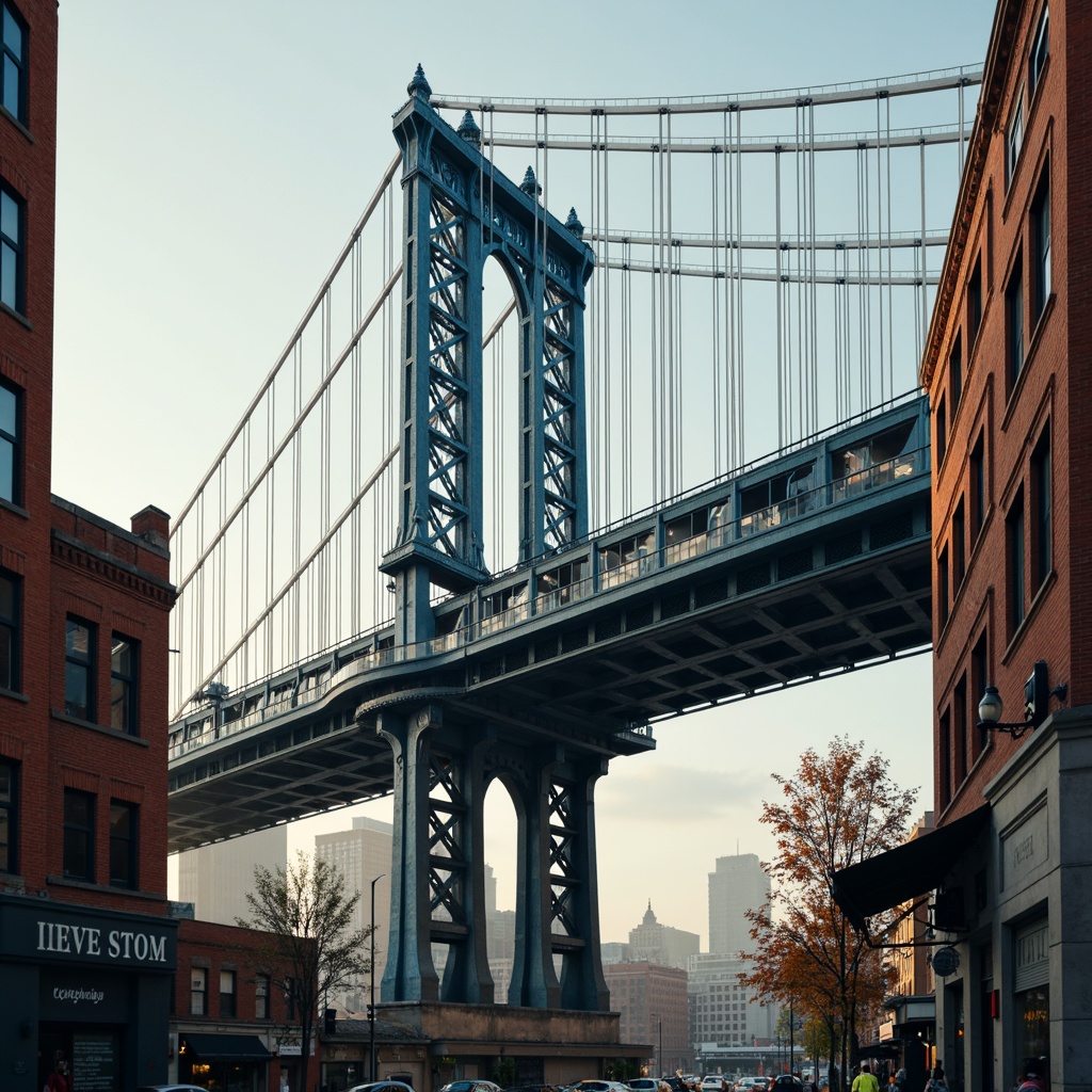 Prompt: Vibrant bridge structure, bold arches, suspension cables, steel beams, modern industrial design, urban cityscape, misty morning atmosphere, soft warm lighting, shallow depth of field, 3/4 composition, panoramic view, realistic textures, ambient occlusion, cobalt blue accents, rusty orange tones, neutral gray undertones, dynamic color contrast, harmonious color palette.