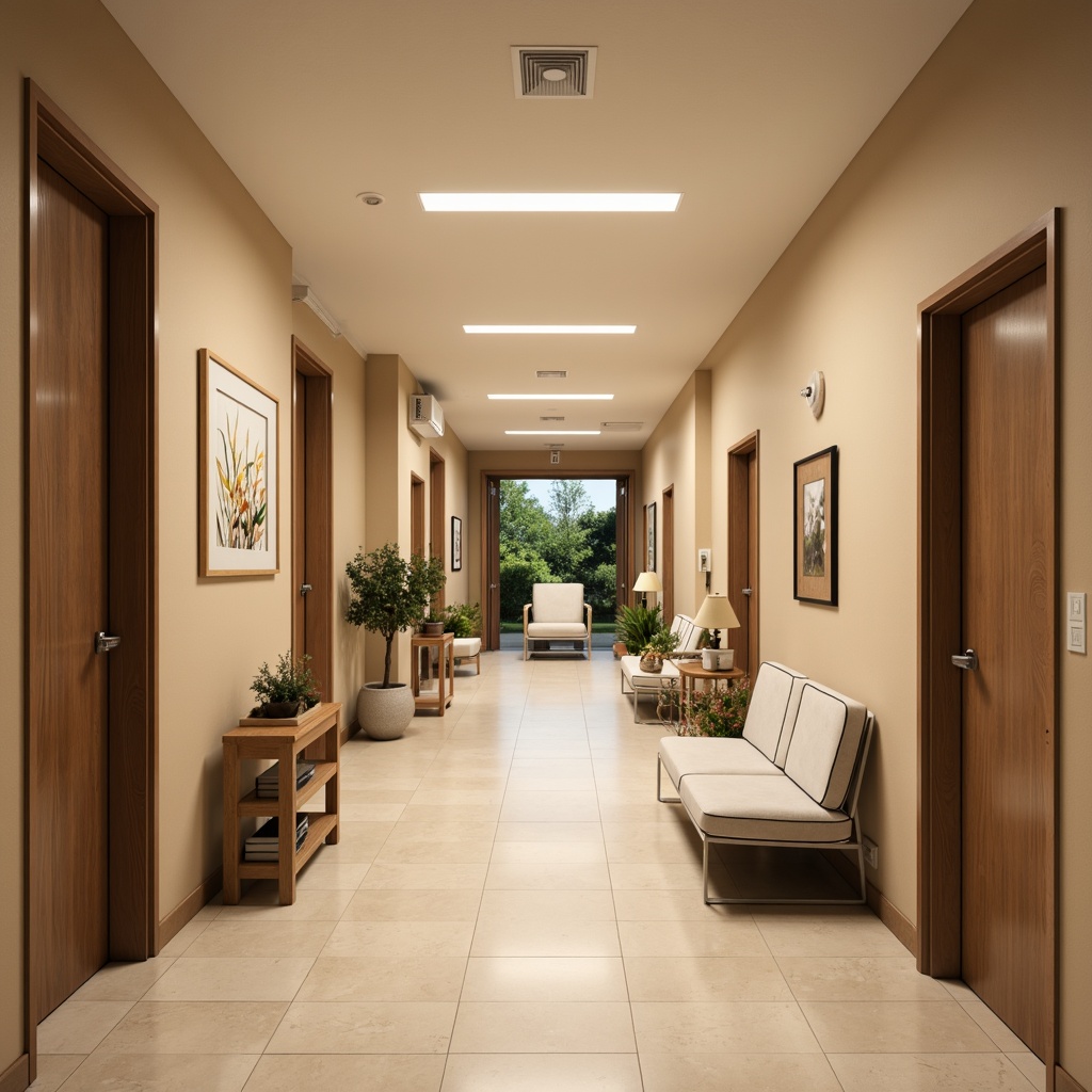 Prompt: Soothing hospital corridors, warm beige walls, calming ambient lighting, soft glow ceiling fixtures, natural daylight harvesting, LED floor lamps, comfortable waiting areas, peaceful patient rooms, gentle nurse stations, healing garden views, serene water features, minimalist decor, calming color schemes, warm wood accents, cozy reading nooks, relaxing art installations, soft music ambiance, 1/1 composition, shallow depth of field, realistic renderings, subtle shadows.