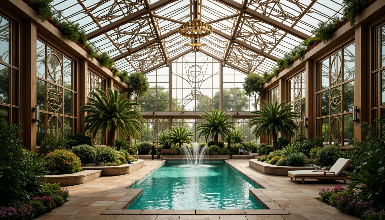 Prompt: Luxurious greenhouse, ornate metal framework, opulent glass panels, tropical plants, exotic flowers, ornamental fountains, intricate mosaics, lavish stone flooring, polished chrome accents, geometric patterned walls, vibrant turquoise hues, warm golden lighting, shallow depth of field, 1/1 composition, symmetrical view, realistic reflections, ambient occlusion.