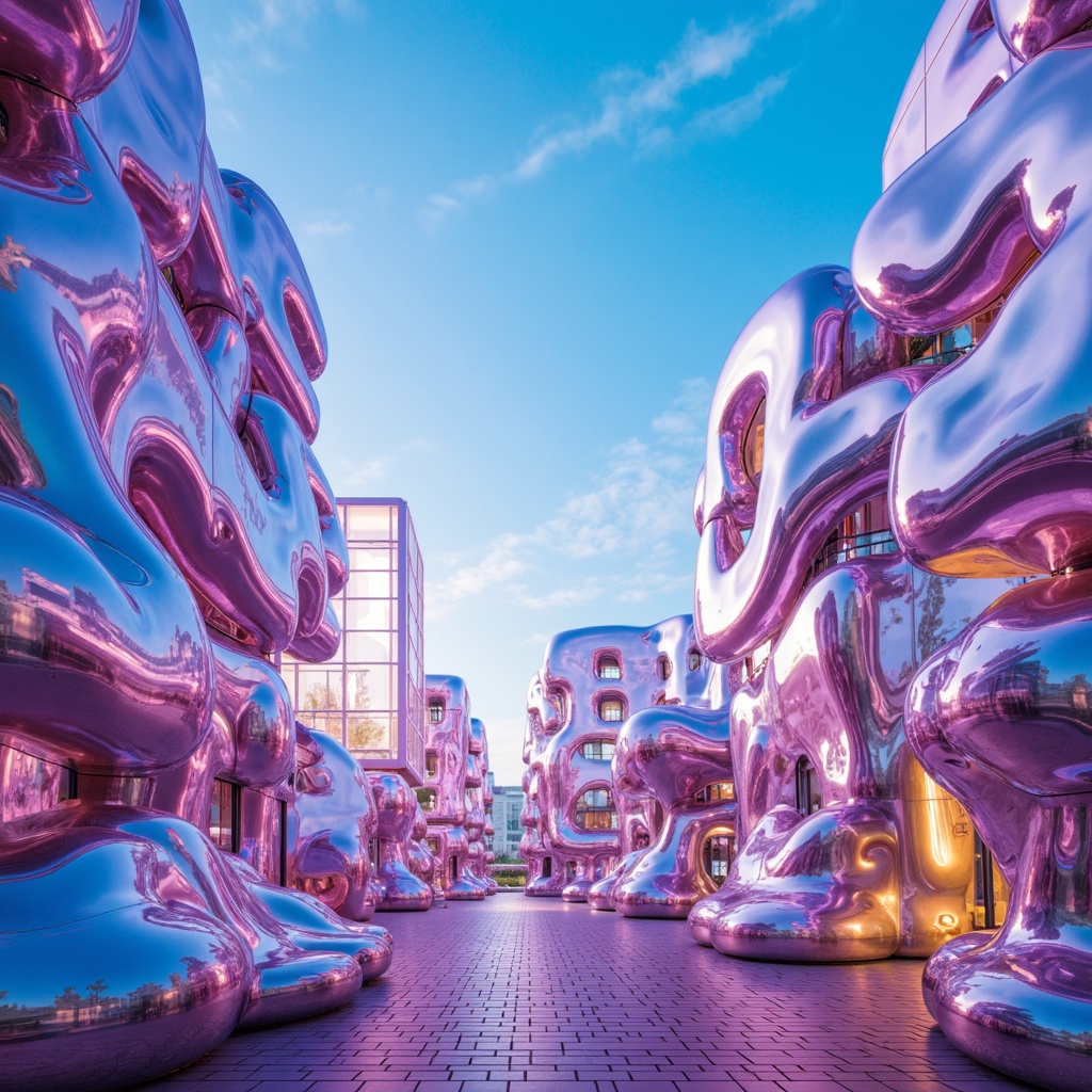 Prompt: Vibrant blob-shaped buildings, iridescent hues, shimmering metallic surfaces, neon-lit accents, futuristic ambiance, luminescent cityscape, electric blue skies, radiant sunbeams, soft gradient transitions, 3D modeling, surreal atmosphere, dreamy quality, abstract patterns, kaleidoscope colors, pastel shades, glossy finishes, reflective materials, avant-garde design.