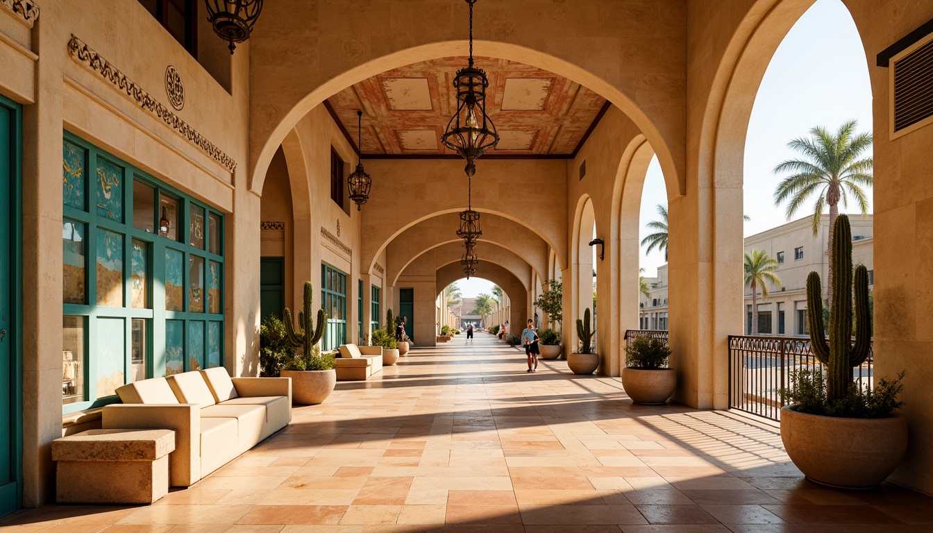 Prompt: Vibrant desert metro station, sandy beige walls, turquoise accents, warm terracotta floors, intricate Islamic geometric patterns, natural stone benches, rustic metal railings, arid landscape murals, cactus-inspired sculptures, sunny day ambiance, soft warm lighting, shallow depth of field, 3/4 composition, panoramic view, realistic textures, ambient occlusion.