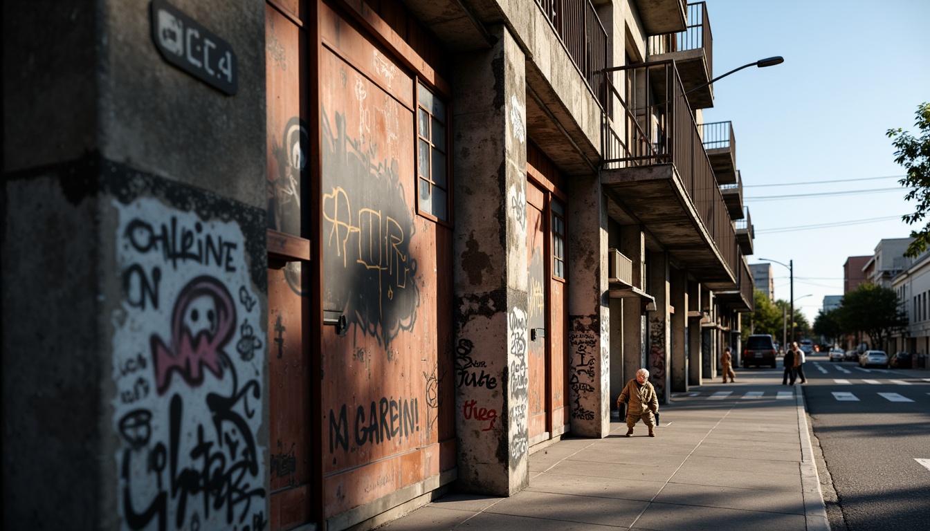 Prompt: Rugged, industrial-style facade, distressed concrete walls, exposed steel beams, metallic accents, graffiti-covered surfaces, urban cityscape, busy streets, afternoon sunlight, dramatic shadows, high-contrast lighting, shallow depth of field, 1/2 composition, realistic textures, ambient occlusion, gritty atmosphere.