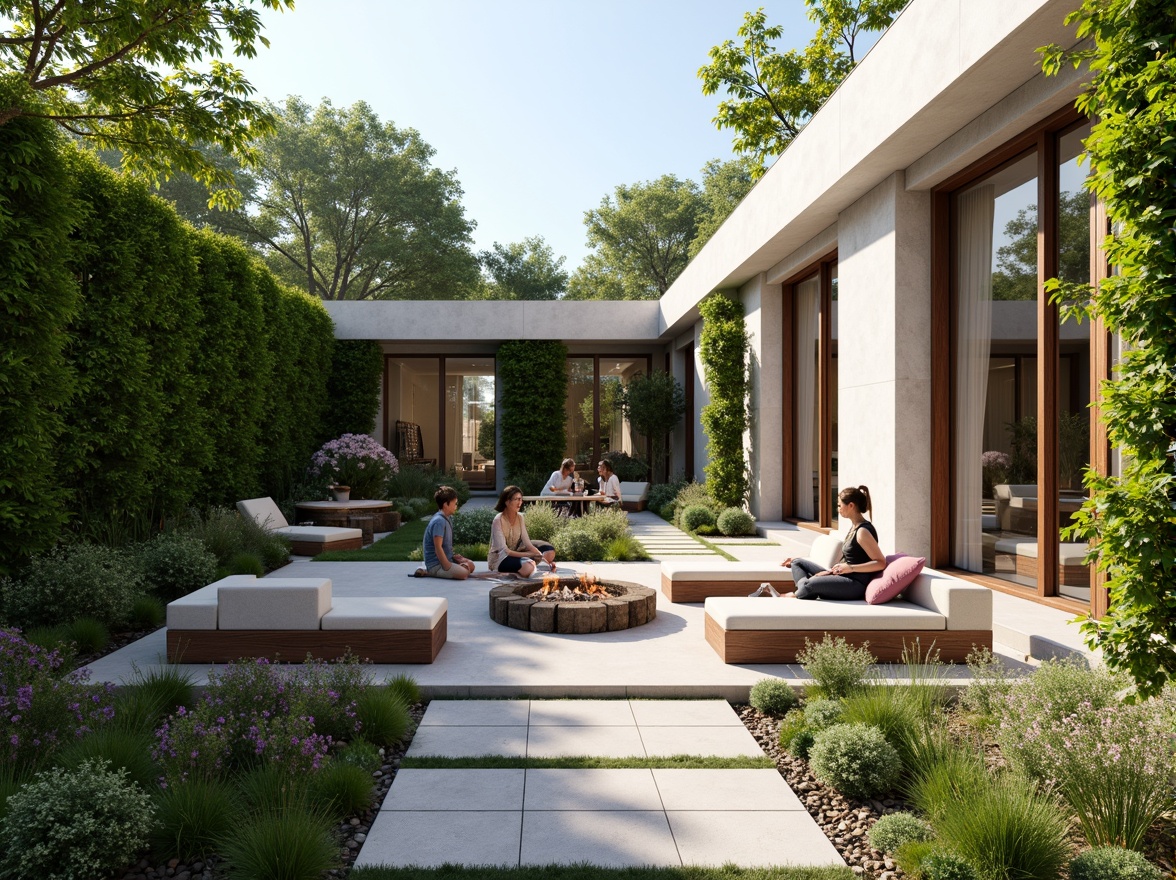 Prompt: Welcoming courtyard, lush green walls, vibrant flower beds, comfortable seating areas, rustic wooden benches, natural stone pathways, modern minimalist architecture, floor-to-ceiling glass doors, warm sunny day, soft diffused lighting, shallow depth of field, 3/4 composition, panoramic view, realistic textures, ambient occlusion, cozy fire pit, outdoor kitchenette, alfresco dining area, fragrant herb gardens, soothing water features.