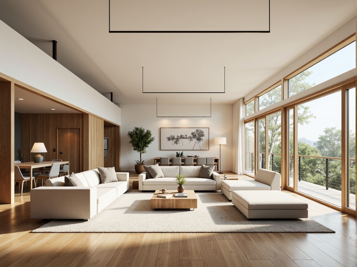 Prompt: Minimalist living room, sparse furniture, neutral color palette, natural materials, wooden floors, white walls, floor-to-ceiling windows, sliding glass doors, indoor plants, industrial lighting fixtures, low-profile sofas, minimalist decor, geometric patterns, functional storage units, clutter-free spaces, airy atmosphere, soft warm lighting, shallow depth of field, 3/4 composition, panoramic view, realistic textures, ambient occlusion.