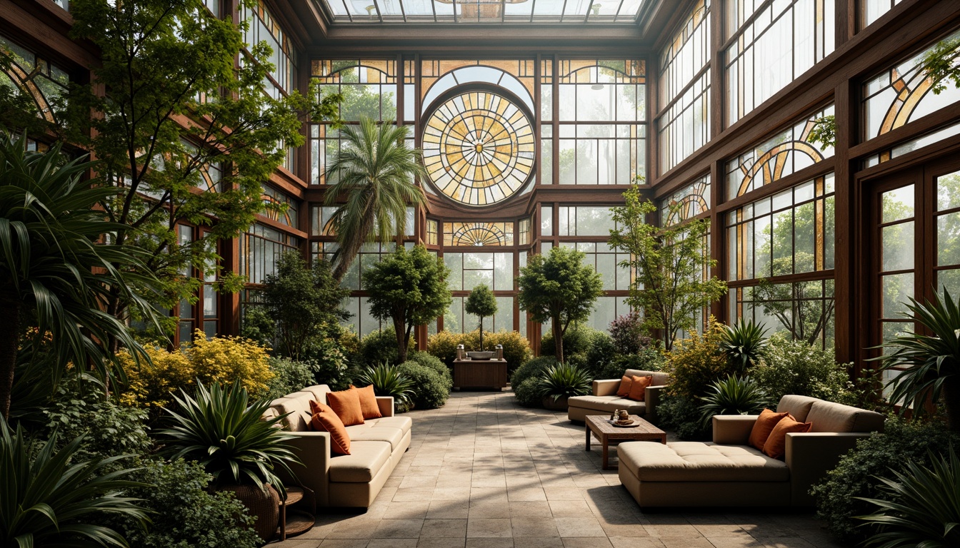 Prompt: Art Deco greenhouses, ornate metal frames, stained glass windows, geometric patterns, lush tropical plants, vibrant flowers, exotic trees, misty atmosphere, warm natural lighting, soft shadows, intricate tile work, luxurious furnishings, curved lines, ornamental details, metallic accents, vintage decorative elements, symmetrical compositions, 1/1 aspect ratio, shallow depth of field, realistic textures, ambient occlusion.