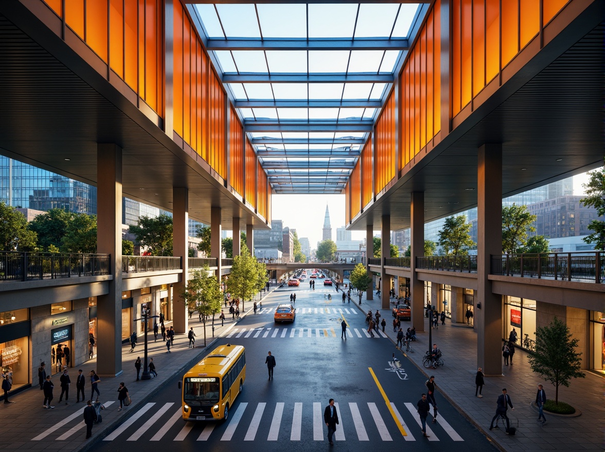 Prompt: Vibrant cityscape, bustling transportation hub, modern architecture, sleek metal beams, glass ceilings, LED lighting, dynamic color scheme, energetic orange accents, deep blue undertones, bright yellow highlights, neutral beige backgrounds, urban landscape, busy streets, pedestrian pathways, cyclist lanes, vehicle traffic, rush hour atmosphere, warm afternoon sunlight, soft shadows, high-contrast lighting, 1/2 composition, symmetrical framing, abstract textures, atmospheric fog.