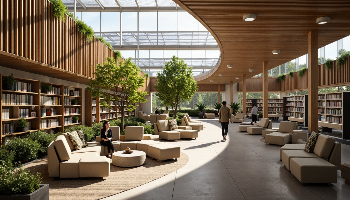 Prompt: Eco-friendly library, natural wood accents, recycled metal shelving, low-VOC paints, energy-efficient lighting, solar-powered roof, green roofs, living walls, organic textures, earthy color palette, minimalist decor, comfortable reading nooks, quiet study areas, natural ventilation systems, abundant daylight, soft warm ambiance, 1/1 composition, realistic rendering, subtle shadowing.