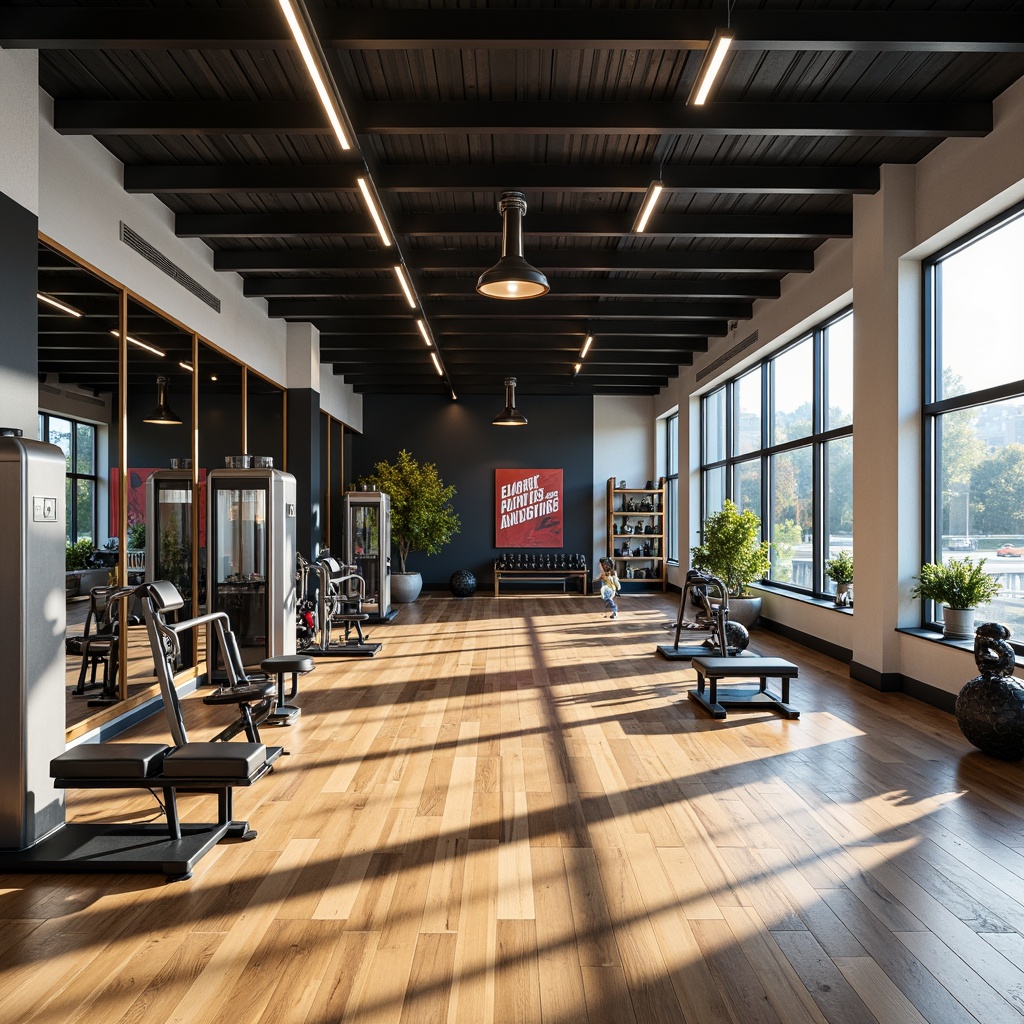 Prompt: Modern gymnasium interior, open-plan layout, polished wooden floors, mirrored walls, high ceilings, industrial-style lighting, metallic equipment, exercise machines, free weights, yoga mats, sports-inspired color scheme, energetic atmosphere, natural daylight, floor-to-ceiling windows, minimalist decor, functional shelving units, sleek benches, motivational quotes, athletic-themed artwork, dynamic photography, shallow depth of field, 1/1 composition, softbox lighting, realistic textures.