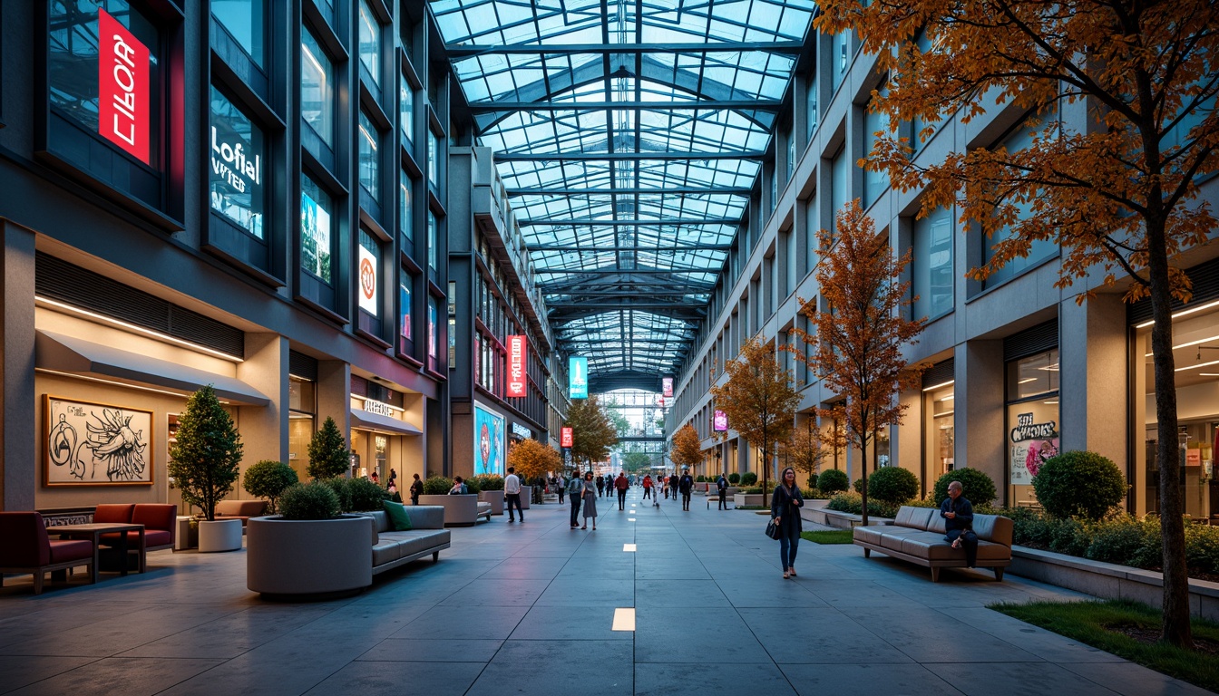 Prompt: Vibrant transportation hub, dynamic cityscape, bustling streets, modern architecture, sleek metal structures, glass canopies, neon signage, LED lights, pedestrian walkways, urban landscaping, abstract graffiti, eclectic urban furniture, warm inviting ambiance, soft cool lighting, shallow depth of field, 1/1 composition, symmetrical framing, realistic reflections, ambient occlusion.