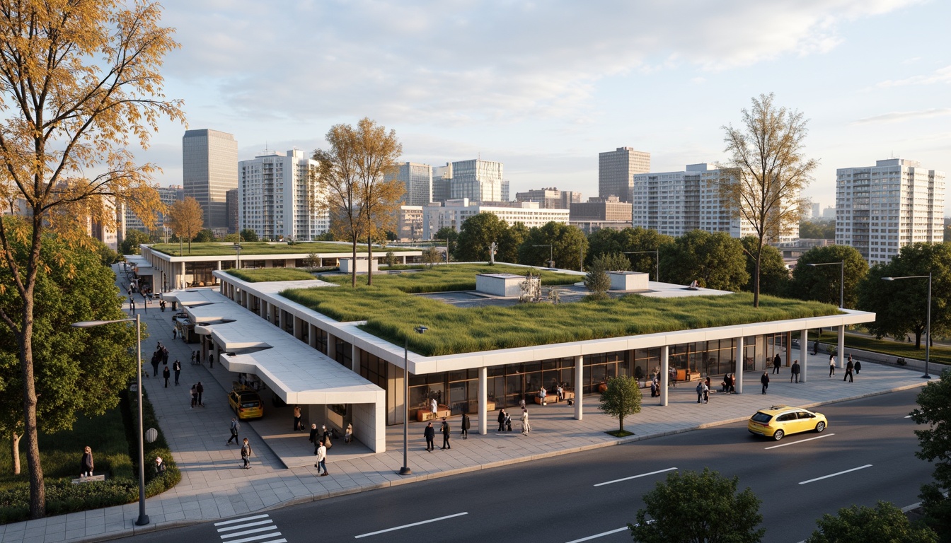 Prompt: Modern bus station, green roofs, solar panels, rainwater harvesting systems, recycled materials, energy-efficient lighting, natural ventilation, large windows, minimalist design, angular lines, futuristic architecture, urban landscape, cityscape, busy streets, morning commute, soft warm lighting, shallow depth of field, 3/4 composition, panoramic view, realistic textures, ambient occlusion.