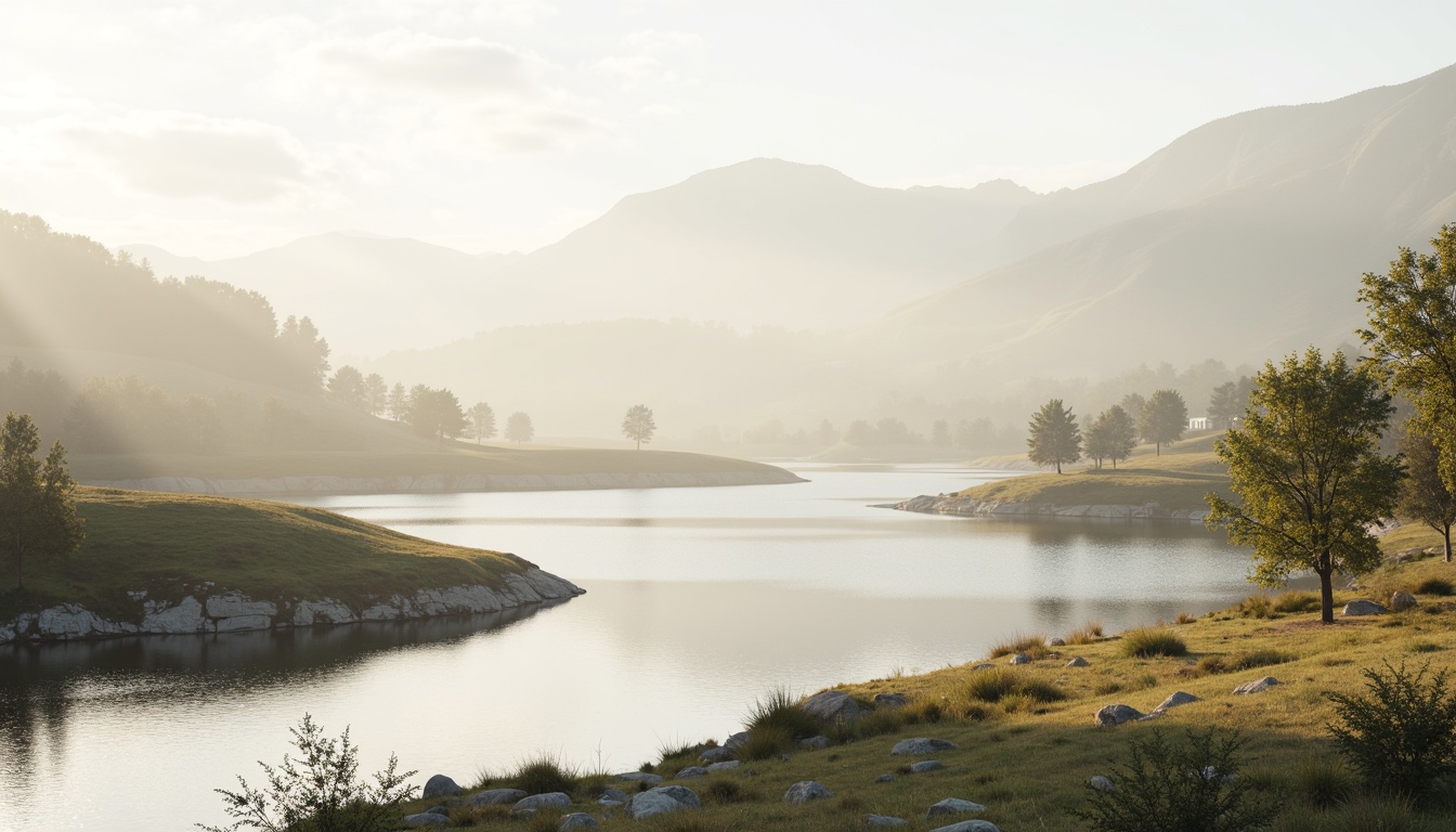 Prompt: Soothing atmosphere, calming ambiance, serene landscape, gentle hills, misty mountains, peaceful lake, soft sunlight, warm beige tones, pale blue hues, muted greenery, creamy whites, tranquil blues, soothing grays, natural textures, earthy materials, subtle patterns, minimalist design, shallow depth of field, 1/1 composition, realistic rendering, ambient lighting.