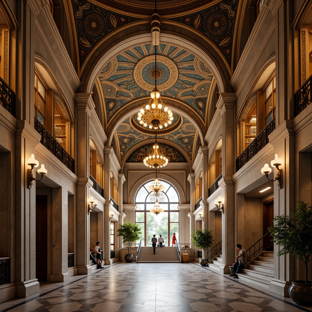 Prompt: Grandiose high school entrance, majestic arches, Byzantine-inspired architecture, ornate stone carvings, vibrant mosaic patterns, golden accents, intricate domes, grand staircases, luxurious marble floors, lavish chandeliers, warm ambient lighting, shallow depth of field, 3/4 composition, symmetrical framing, realistic textures, ambient occlusion.