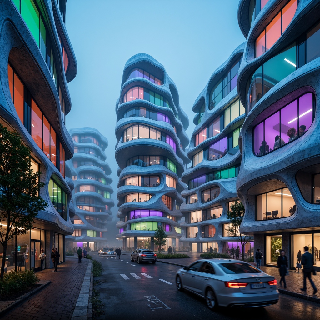 Prompt: Organic blob-shaped buildings, futuristic architecture, iridescent colors, shimmering glass surfaces, undulating curves, parametric design, algorithmic patterns, biomimetic forms, translucent materials, glowing accents, LED light installations, misty atmosphere, soft focus, atmospheric perspective, 3/4 composition, dramatic shadows, high-contrast lighting, cinematic mood.