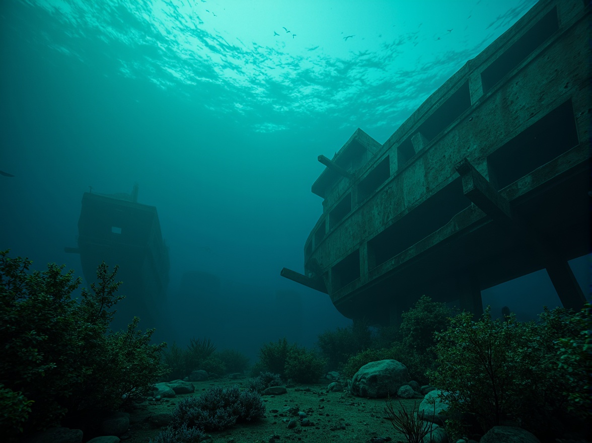 Prompt: Mysterious underwater scene, dark cyan hues, eerie bioluminescent lighting, abandoned shipwrecks, coral reefs, schools of fish, oceanic plants, rusty metal debris, foggy atmosphere, misty veil, 1/2 composition, shallow depth of field, soft focus, cinematic mood, ominous sound design.