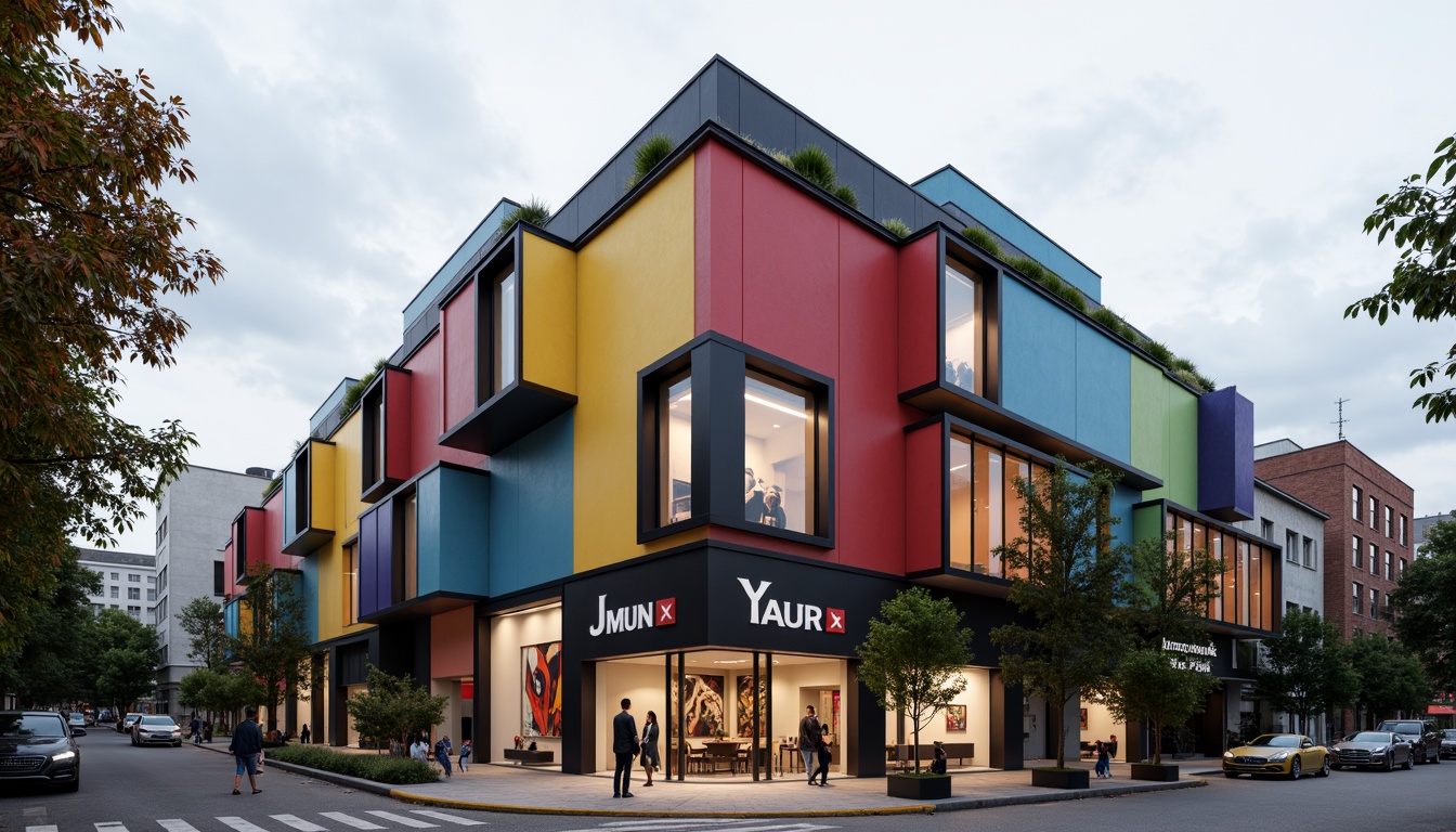 Prompt: Geometric Bauhaus building, asymmetrical facade, primary color scheme, bold typography, industrial materials, exposed ductwork, steel frames, rectangular windows, cantilevered roofs, abstract artwork, urban landscape, overcast sky, dramatic shadows, high-contrast lighting, 1/1 composition, symmetrical framing, realistic renderings, ambient occlusion.