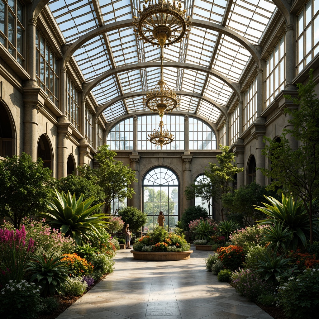 Prompt: Art Deco greenhouse, ornate metal framework, lush greenery, exotic plants, vibrant flowers, intricate geometric patterns, luxurious materials, marble floors, metallic accents, symmetrical facades, curved lines, ornamental details, glamorous chandeliers, soft warm lighting, shallow depth of field, 1/1 composition, panoramic view, realistic textures, ambient occlusion.