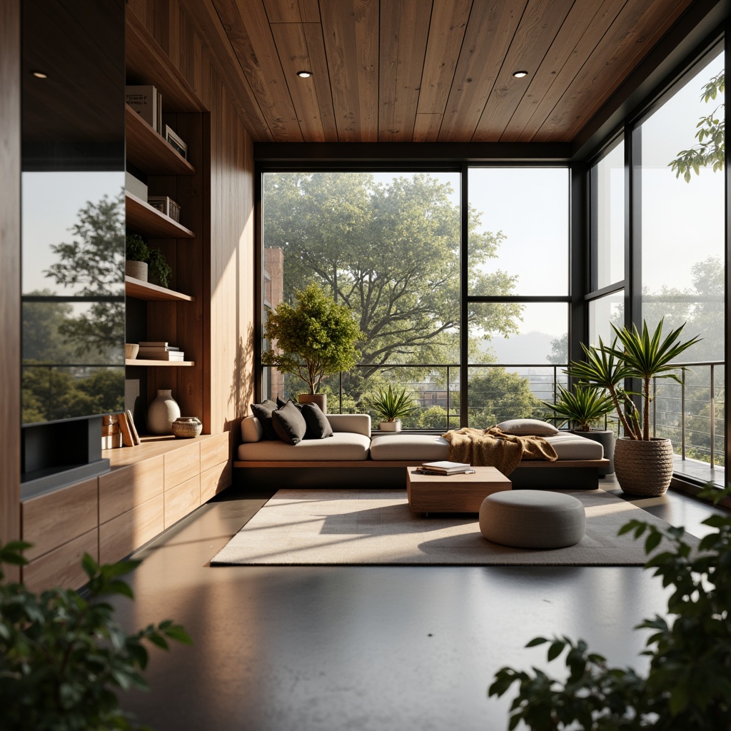 Prompt: Modern home interior, minimalist decor, large windows, natural light, eco-friendly materials, reclaimed wood accents, sustainable textiles, low-VOC paints, energy-efficient appliances, smart home automation, voice-controlled systems, sleek metal fixtures, matte black finishes, warm ambient lighting, 3/4 composition, shallow depth of field, realistic textures, soft focus blur.