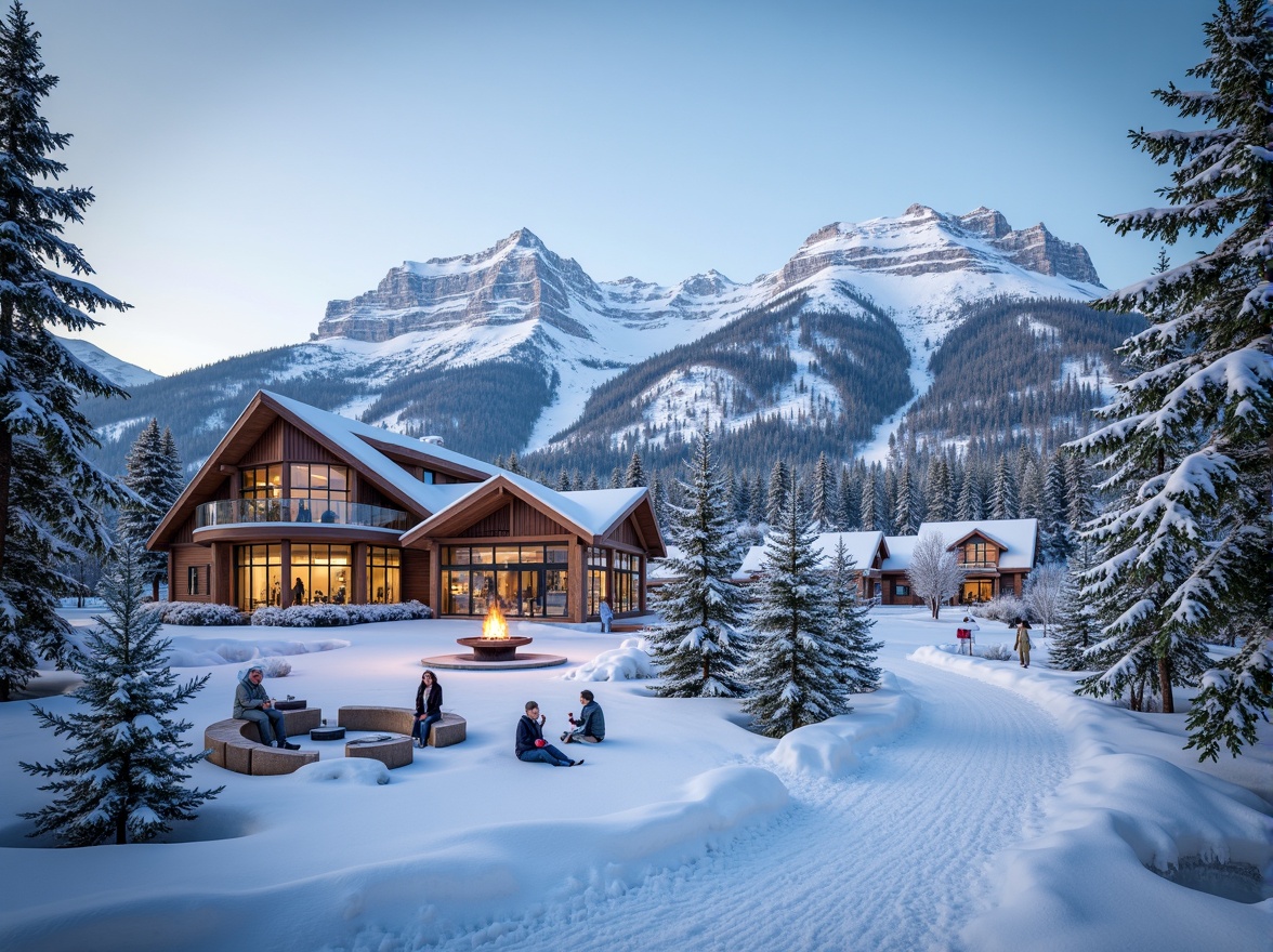 Prompt: Snow-capped mountains, frosty air, rustic wooden cabins, warm fireplace, cozy ski lodges, vibrant ski equipment, dynamic ski trails, powdery snow textures, icy blue skies, crisp winter mornings, soft warm lighting, shallow depth of field, 3/4 composition, panoramic view, realistic snowflakes, ambient occlusion, earthy tone color palette, natural wood accents, frosty glass windows, steel beams, modern minimalist design, cozy atmosphere, inviting ski resort facilities.