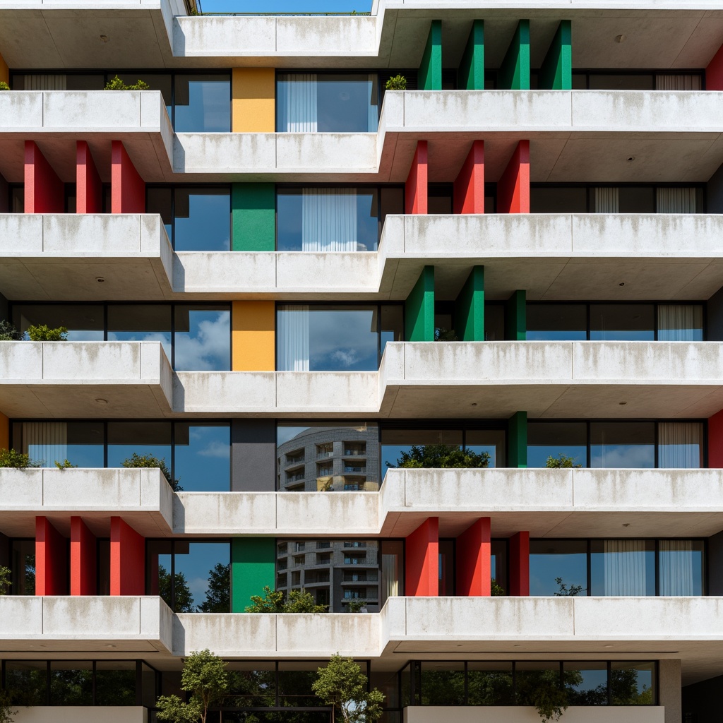 Prompt: Geometric building facade, asymmetrical composition, primary color scheme, industrial materials, raw concrete walls, steel beams, minimalist ornamentation, functional simplicity, cantilevered balconies, rectangular windows, horizontal lines, urban cityscape, modern metropolis, sunny day, high contrast lighting, deep depth of field, 2/3 composition, dramatic shadows, abstract textures, atmospheric perspective.