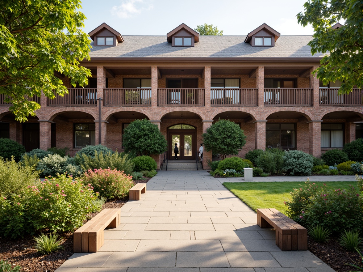 Prompt: Traditional high school building, rustic brick facade, ornate entrance gates, vibrant greenery, lush courtyard gardens, wooden benches, educational signage, natural stone pathways, classic architecture style, symmetrical composition, warm afternoon lighting, shallow depth of field, 3/4 camera angle, realistic textures, ambient occlusion.