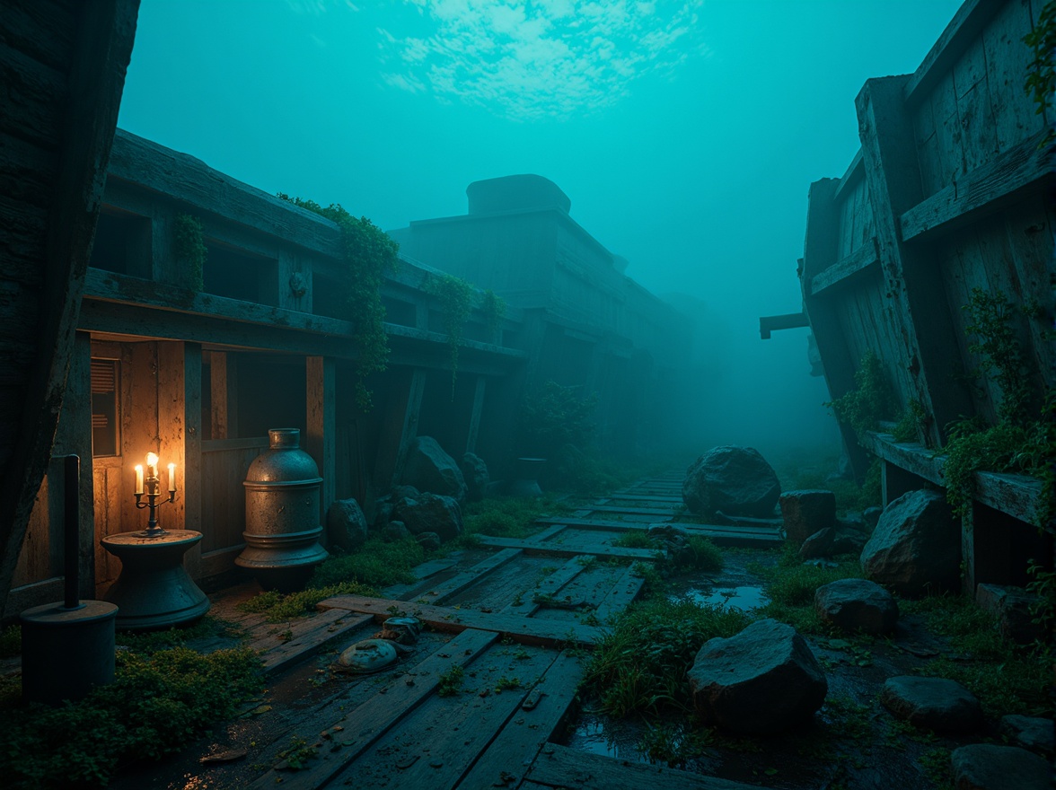 Prompt: Mysterious underwater scene, dark cyan hues, ominous fog, eerie glow, abandoned shipwreck, rusty metal structures, weathered wooden planks, seaweed-covered rocks, mysterious artifacts, dimly lit lanterns, flickering candles, misty atmosphere, shallow depth of field, cinematic composition, high contrast ratio, vibrant highlights, muted shadows, realistic textures, ambient occlusion.