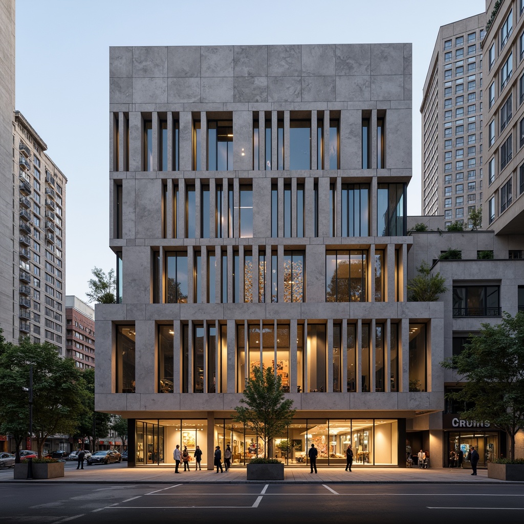 Prompt: Geometric facade, brutalist architecture, raw concrete texture, industrial metal accents, large glass windows, minimalist ornamentation, abstract artwork, modern urban landscape, evening cityscape, warm golden lighting, shallow depth of field, 1/1 composition, cinematic view, realistic reflections, ambient occlusion.