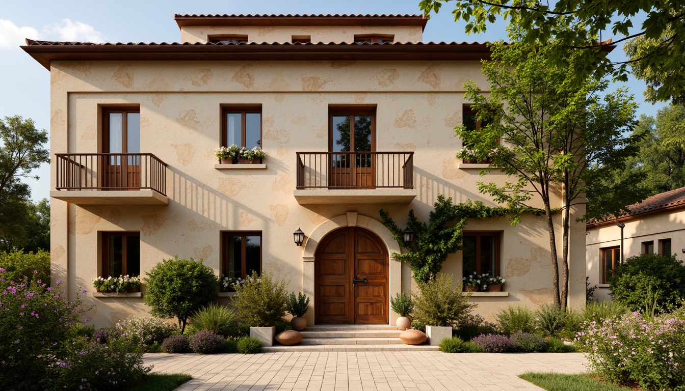 Prompt: Rustic villa facade, warm beige stone walls, ornate wooden doors, elegant archways, grandiose columns, intricately carved balconies, decorative metal railings, lush green vines, blooming flower boxes, soft natural lighting, warm afternoon sun, 1/2 composition, romantic European-inspired landscape, serene countryside view, realistic stonework textures, ambient occlusion.Please let me know if this meets your requirements!