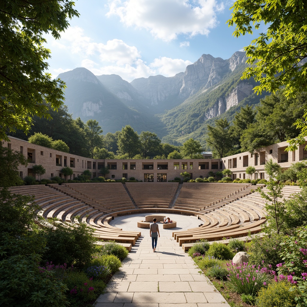 Prompt: Grand amphitheater, tiered seating, lush greenery, vibrant flowers, natural stone walls, curved architecture, open-air design, community gathering space, wooden benches, educational signs, scenic views, sunny day, soft warm lighting, shallow depth of field, 3/4 composition, panoramic view, realistic textures, ambient occlusion.