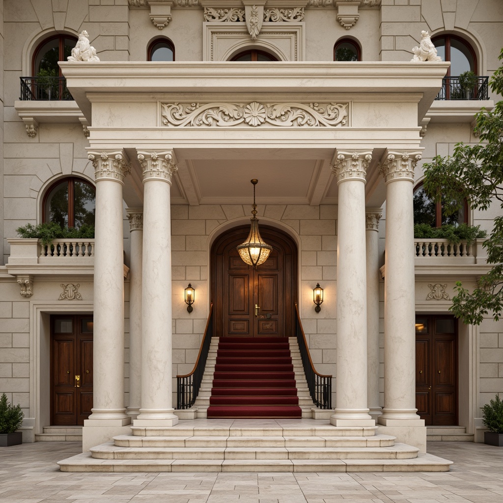 Prompt: Neoclassical facade, white marble columns, ornate carvings, grand entrance, symmetrical composition, rusticated stone walls, ornamental moldings, decorative friezes, classical pediments, elegant archways, stately staircases, polished bronze door handles, crystal chandeliers, luxurious velvet drapes, intricate wooden paneling, warm golden lighting, high ceilings, spacious interior, realistic textures, ambient occlusion.