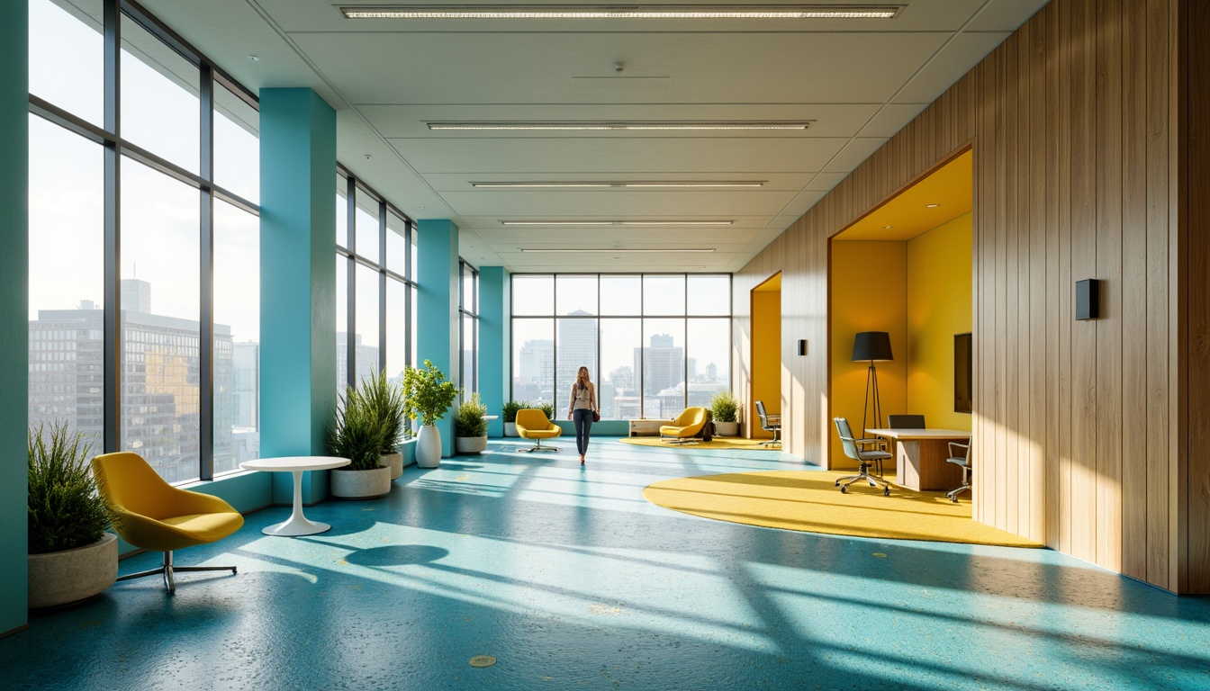 Prompt: Vibrant modern office space, pastel color scheme, calming blue tones, energizing yellow accents, neutral beige background, sleek metal furniture, minimalist decor, natural light pouring in, floor-to-ceiling windows, urban cityscape view, warm afternoon sunlight, shallow depth of field, 3/4 composition, realistic textures, ambient occlusion.