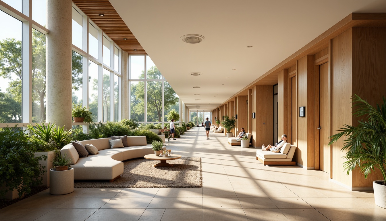 Prompt: Calming rehabilitation center, abundant natural light, floor-to-ceiling windows, warm wood accents, soothing color palette, comfortable seating areas, gentle curves, minimalist decor, serene atmosphere, lush greenery, tropical plants, soft diffused lighting, warm beige tones, inviting corridors, spacious open spaces, modern architecture, sustainable materials, energy-efficient systems, eco-friendly design, peaceful ambiance, shallow depth of field, 1/1 composition, realistic textures.