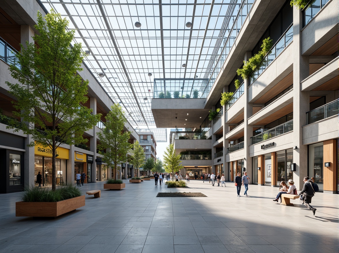 Prompt: Modern Bauhaus shopping center, minimalist architecture, clean lines, industrial materials, exposed ductwork, polished concrete floors, steel beams, glass roofs, natural light, airy atmosphere, open spaces, public art installations, green walls, urban planters, modern benches, sleek signage, geometric patterns, bold typography, vibrant color accents, shallow depth of field, 1/1 composition, realistic textures, ambient occlusion.