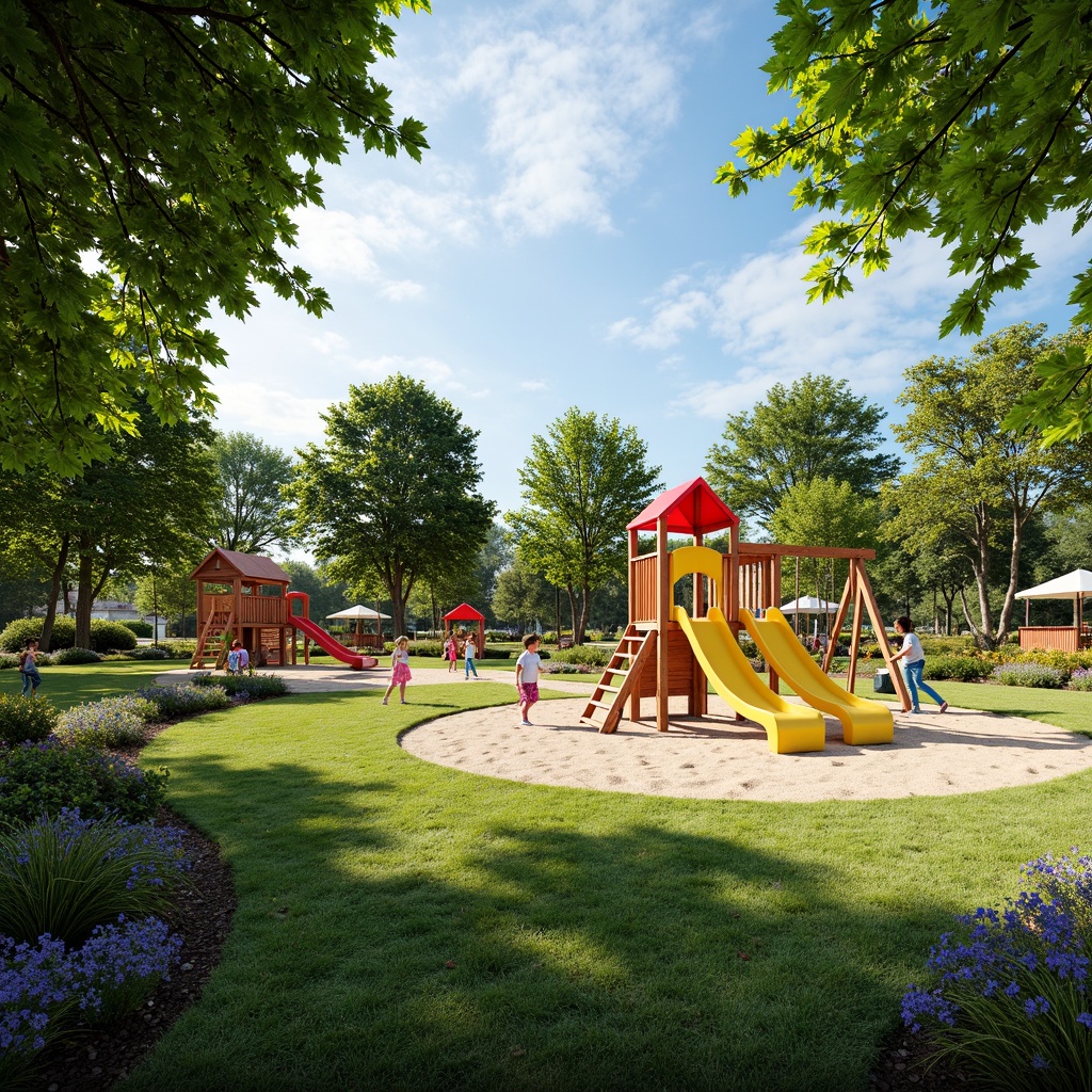 Prompt: Vibrant playground, colorful swings, curly slides, sandbox areas, climbing frames, wobbly bridges, wooden playhouses, rope ladders, soft grass lawns, blooming flowerbeds, shady trees, sunny afternoon, warm gentle lighting, 3/4 composition, panoramic view, realistic textures, ambient occlusion.