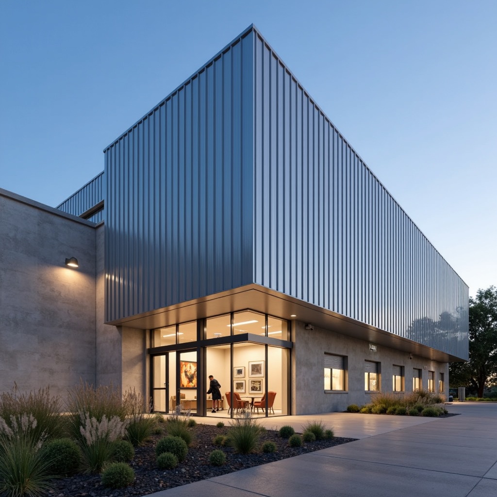 Prompt: Industrial distribution center, modern logistics architecture, neutral color palette, metal cladding, vertical ribbing, large signage, loading dock areas, functional design, rectangular forms, flat roofs, efficient natural lighting, high-ceiling interiors, polished concrete floors, exposed ductwork, minimalist aesthetic, steel frames, corrugated metal panels, rust-resistant coatings, reinforced glass windows, security cameras, LED exterior lighting, dusk-to-dawn illumination, subtle branding elements, wayfinding signage, accessible pedestrian paths, surrounding landscape maintenance.