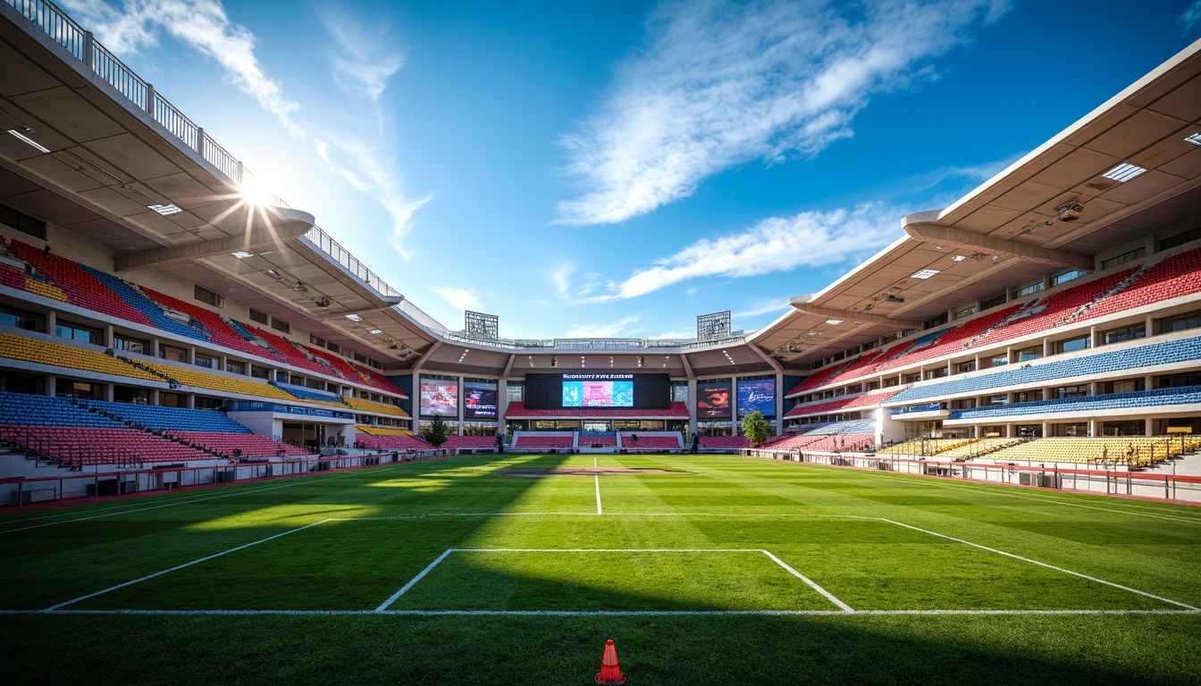 Prompt: Vibrant sports stadium, bold color contrast, dynamic seating areas, sleek metal railings, bright LED scoreboard, towering floodlights, lush green turf, track and field facilities, modern angular architecture, cantilevered roofs, glass fa\u00e7ades, sun-drenched atmosphere, high-contrast signage, neon-lit concession stands, energetic crowd ambiance, shallow depth of field, 1/2 composition, panoramic view, realistic textures, ambient occlusion.