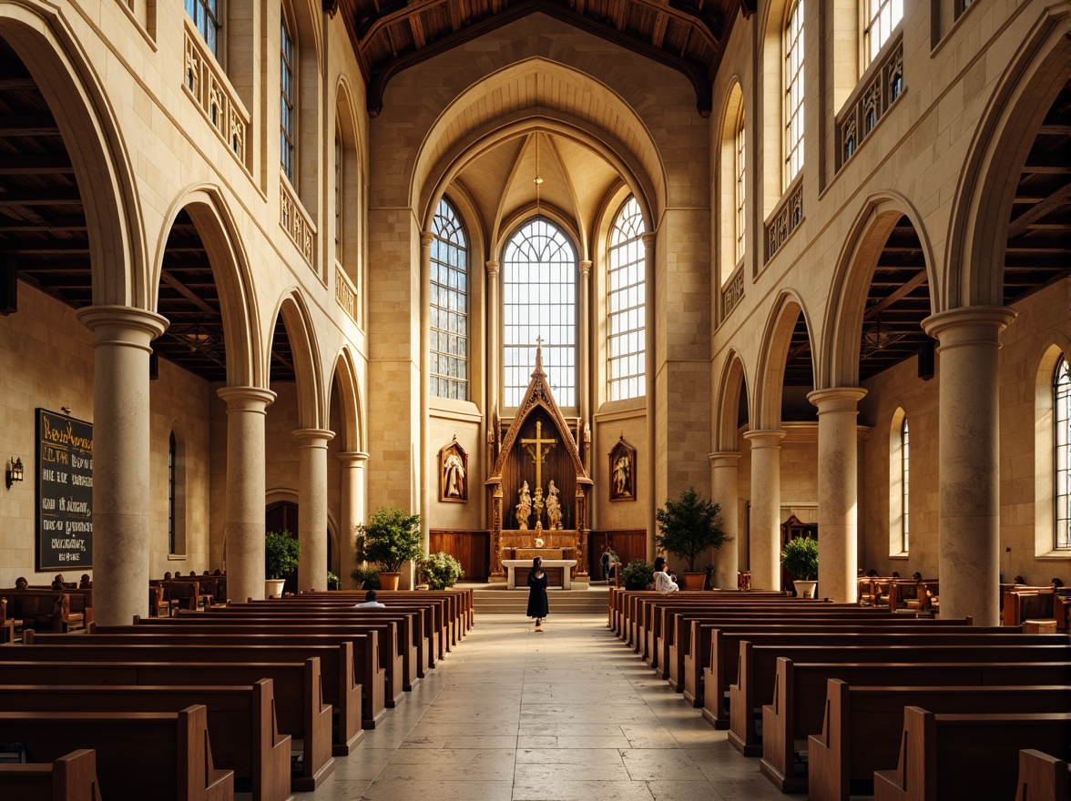 Prompt: Majestic church interior, vaulted ceilings, stained glass windows, warm beige stone walls, rich wooden pews, ornate altar, intricate carvings, soft golden lighting, serene atmosphere, natural material textures, subtle earthy tones, calming blue hues, creamy whites, elegant marble accents, inspirational quotes, peaceful ambiance, shallow depth of field, 2/3 composition, warm color harmony.