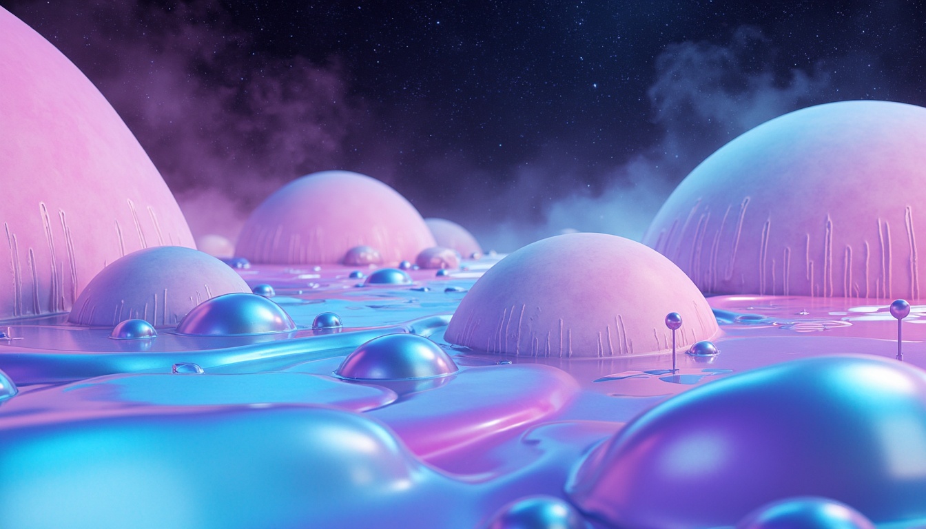 Prompt: Vibrant futuristic blobs, iridescent sheen, neon hues, electric blue accents, pastel pink undertones, metallic silver reflections, glossy finishes, luminescent glows, atmospheric mist, soft gradient transitions, abstract shapes, flowing curves, organic forms, extraterrestrial landscapes, starry night skies, deep space explorations, 3D rendered visuals, high-tech materials, holographic displays, futuristic ambiance, immersive environments, dreamlike scenarios.