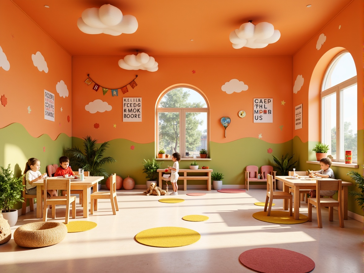 Prompt: Vibrant kindergarten interior, warm orange walls, playful rounded shapes, soft creamy flooring, whimsical cloud-shaped decorations, educational alphabet posters, wooden tables and chairs, creative art stations, colorful rug areas, cozy reading nooks, natural light pouring in, shallow depth of field, 1/1 composition, inviting atmosphere, realistic textures, ambient occlusion.