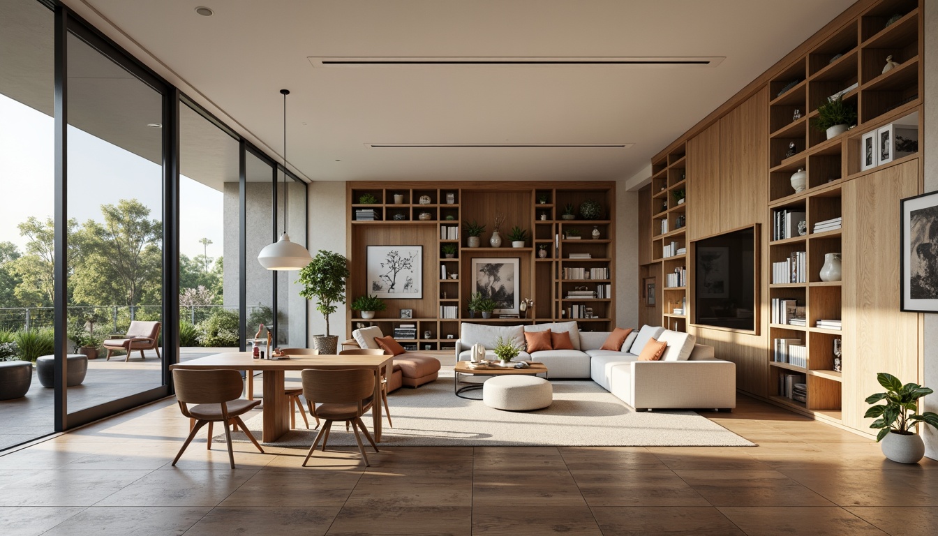 Prompt: Modern living room, sleek furniture, minimalist decor, functional layout, ample natural light, large windows, sliding glass doors, polished wooden floors, comfortable seating areas, built-in shelving units, stylish pendant lighting, cozy reading nooks, multipurpose storage ottomans, ergonomic desk chairs, clutter-free spaces, 1/1 composition, soft warm lighting, shallow depth of field, realistic textures.