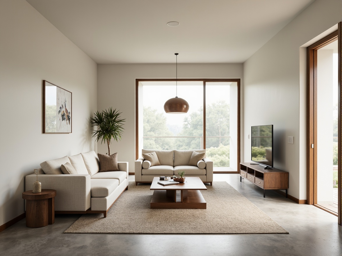 Prompt: Minimalist living room, sparse decor, neutral color palette, natural light, floor-to-ceiling windows, sliding glass doors, polished concrete floors, low-profile furniture, sleek lines, compact storage units, hidden appliances, clutter-free spaces, calming ambiance, soft warm lighting, subtle textures, 1/1 composition, symmetrical arrangement, airy atmosphere, functional simplicity.