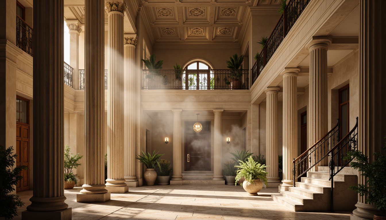 Prompt: Grandiose columns, ornate capitals, fluted shafts, classical pediments, intricately carved friezes, symmetrical facades, limestone or marble materials, subtle weathered textures, warm golden lighting, shallow depth of field, 2/3 composition, dramatic vertical perspective, atmospheric mist, elegant proportions, refined architectural details, prestigious entranceways, ornamental metalwork, stately archways, grand staircases, lavish furnishings, opulent chandeliers.