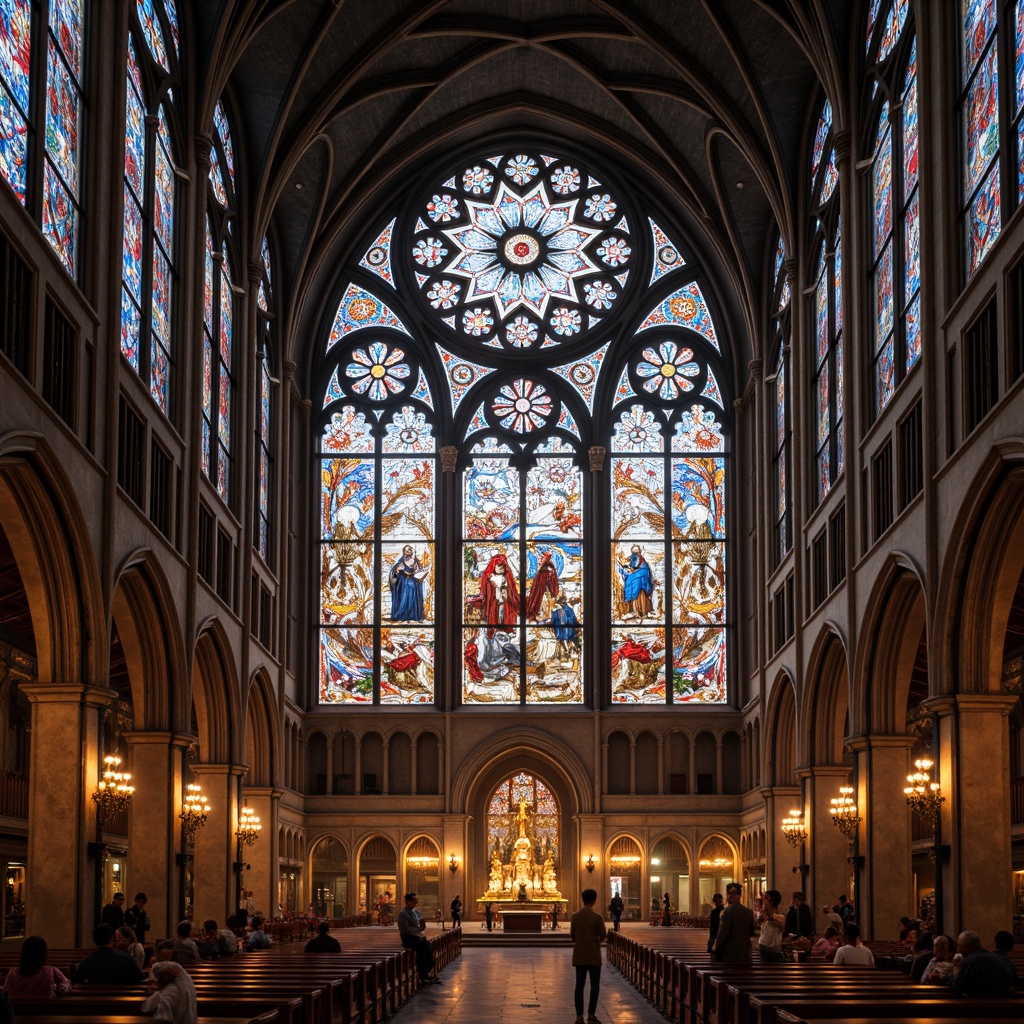 Prompt: Vibrant stained glass windows, intricate ornate designs, rich jewel-toned colors, majestic cathedral architecture, soaring vaulted ceilings, ribbed arches, flying buttresses, grandiose entranceways, ornate stone carvings, mystical religious symbolism, dramatic lighting effects, warm golden illumination, soft diffused light, atmospheric mist, 1/1 composition, symmetrical framing, realistic textures, ambient occlusion.