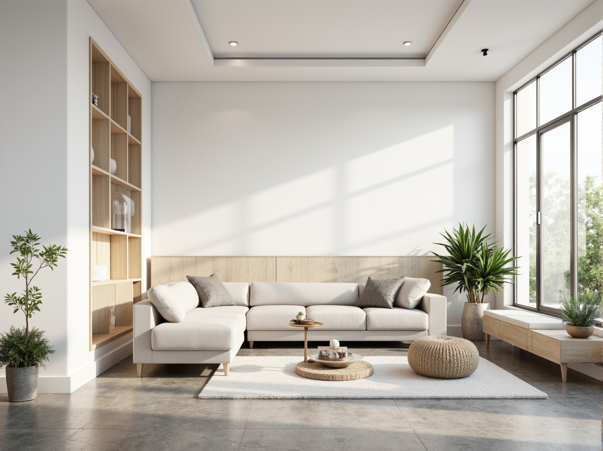 Prompt: Minimalist living room, white walls, polished concrete floor, sleek low-profile furniture, hidden storage compartments, floor-to-ceiling windows, natural light, subtle textures, industrial-chic accents, metallic tones, greenery accents, potted plants, simple color palette, soft warm lighting, shallow depth of field, 1/1 composition, symmetrical framing, realistic reflections, ambient occlusion.