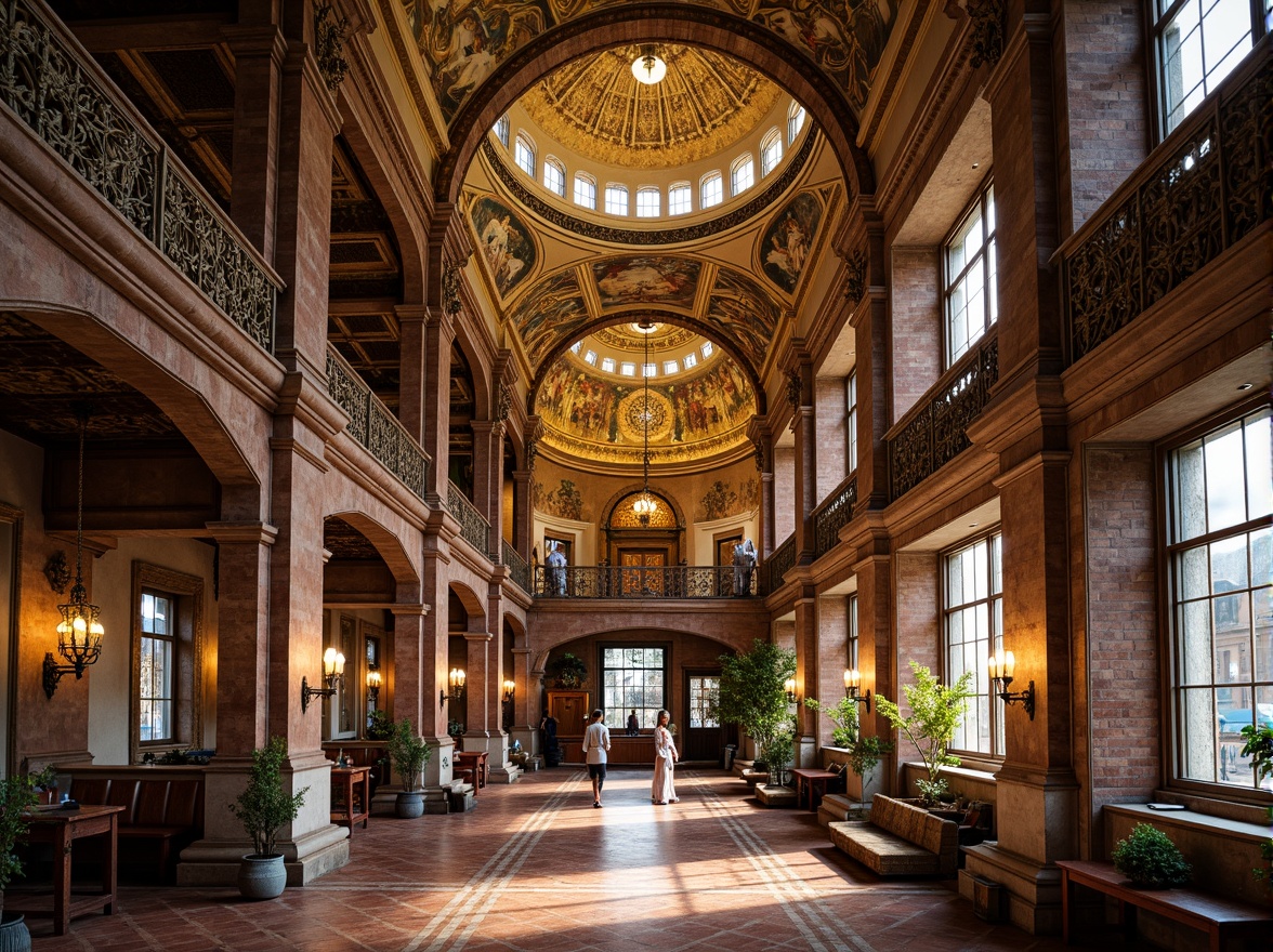 Prompt: Intricate stone carvings, ornate arches, grand domes, golden mosaics, vibrant frescoes, rustic brick textures, ornamental columns, lavish balconies, filigree metalwork, polished marble floors, stained glass windows, warm ambient lighting, shallow depth of field, 3/4 composition, symmetrical framing, dramatic shadows, rich cultural heritage.