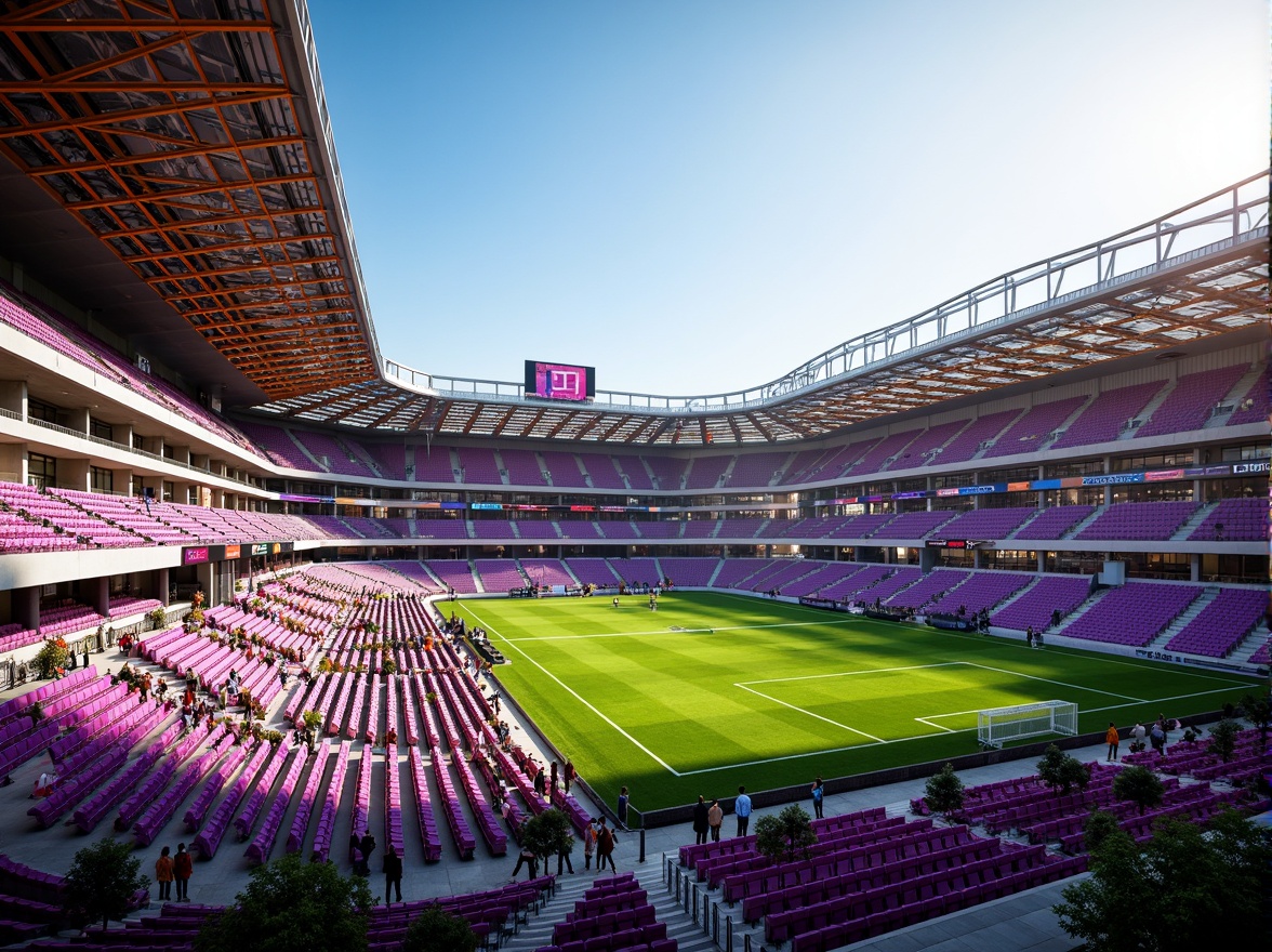 Prompt: Vibrant heliotrope stadium, electric purple seats, neon green accents, bold orange lines, dynamic metallic structures, sleek modern architecture, atmospheric lighting effects, warm sunny day, shallow depth of field, 3/4 composition, panoramic view, realistic textures, ambient occlusion, lush greenery, blooming flowers, bustling crowd atmosphere.