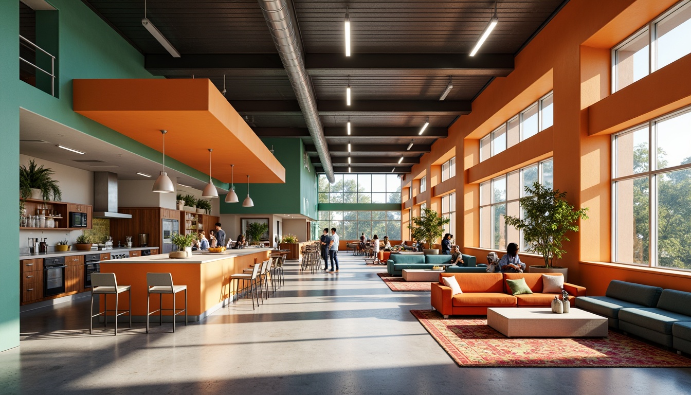 Prompt: Vibrant student hall, modern architecture, bold color scheme, bright corridors, communal kitchen, cozy lounge areas, eclectic furniture, geometric patterns, warm wood accents, industrial metal beams, concrete floors, natural light pouring in, soft box lighting, 1/2 composition, shallow depth of field, realistic textures, ambient occlusion.