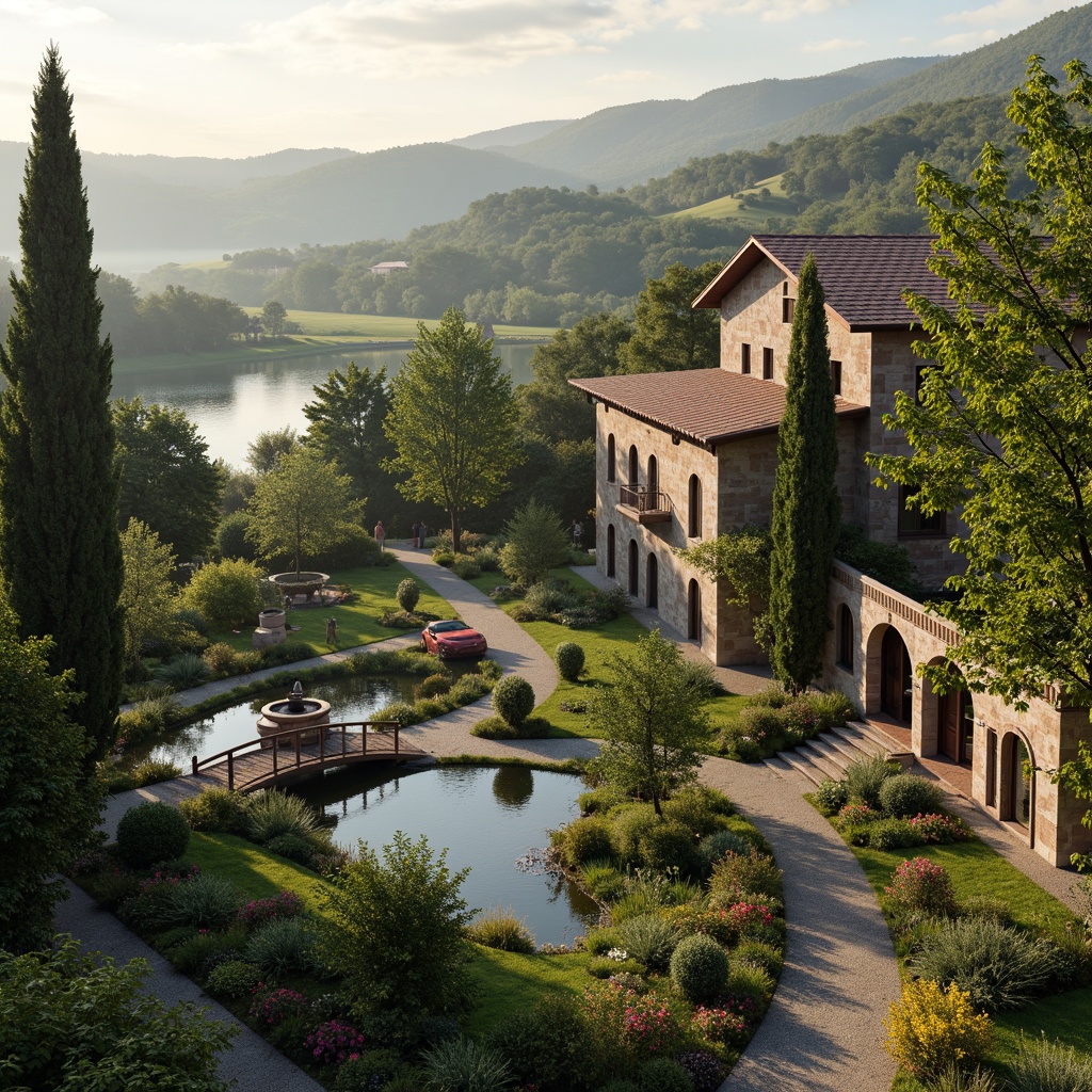 Prompt: Rustic villa, Renaissance style architecture, lush greenery, rolling hills, serene lakeside, walking trails, blooming flowers, ornate fountains, natural stone pathways, wooden bridges, ivy-covered walls, grand entrance gates, dramatic archways, soft warm lighting, misty morning atmosphere, 1/2 composition, realistic textures, ambient occlusion.