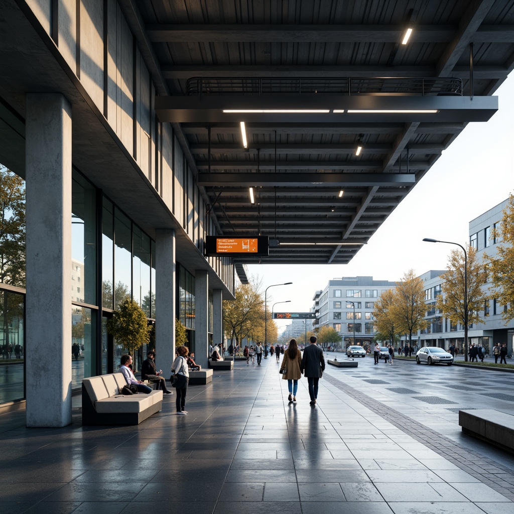 Prompt: Modern bus station, brutalist architecture, exposed concrete walls, industrial steel beams, sleek metal roofing, large glass windows, minimalist interior design, polished stone floors, stainless steel handrails, LED lighting systems, futuristic digital displays, dynamic signage, urban cityscape, busy streetscape, morning rush hour, soft natural lighting, shallow depth of field, 2/3 composition, realistic textures, ambient occlusion.