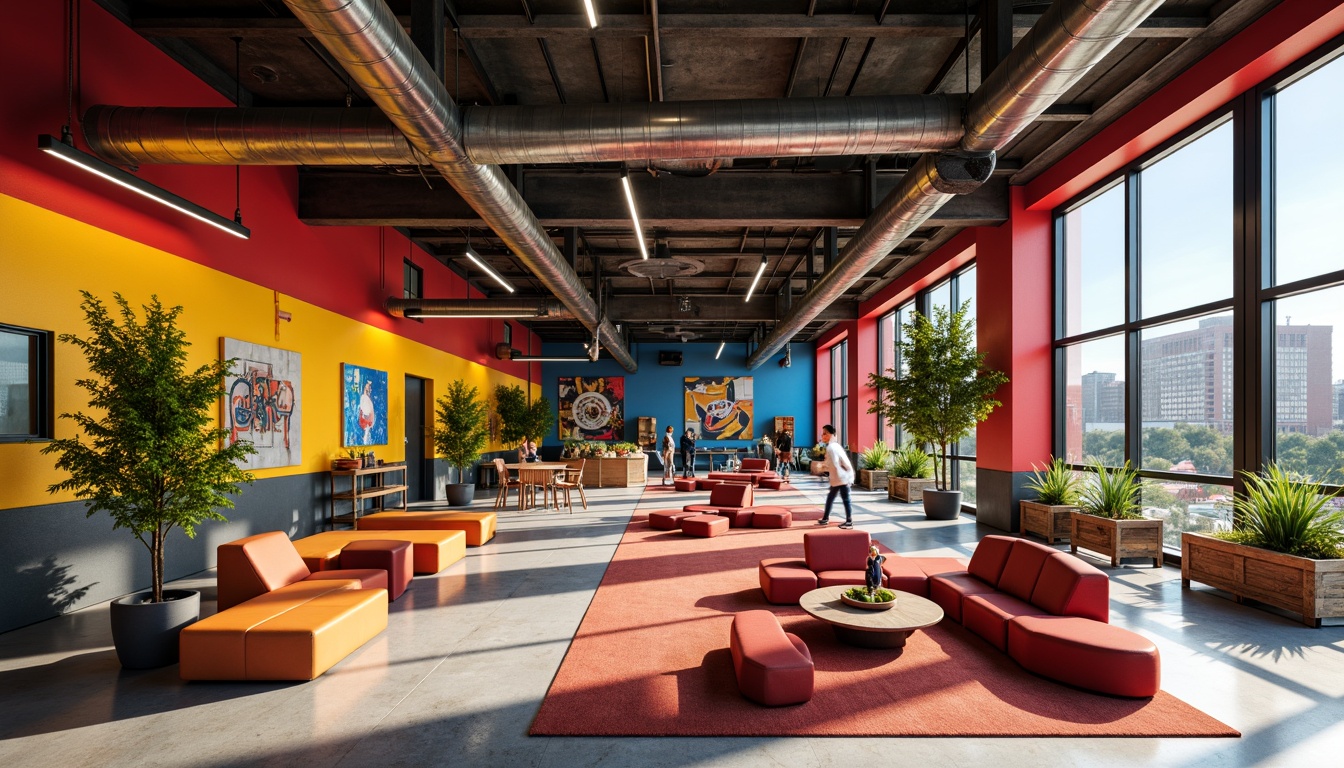 Prompt: Vibrant youth center, bold geometric shapes, bright primary colors, industrial materials, exposed ductwork, concrete floors, metal beams, reclaimed wood accents, dynamic lighting fixtures, abstract art installations, urban cityscape views, sunny afternoon, high contrast shadows, dramatic architectural angles, 2/3 composition, cinematic camera lens, gritty textures, realistic rendering.